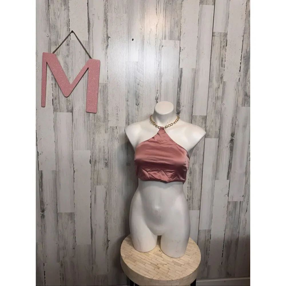 Fashion Nova Satin Halter Crop Top Size Medium Pink Chain Neck Backless Party To